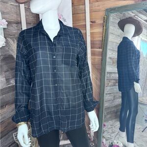Gap Windowpane Boyfriend Shirt Navy Semi Sheer Medium